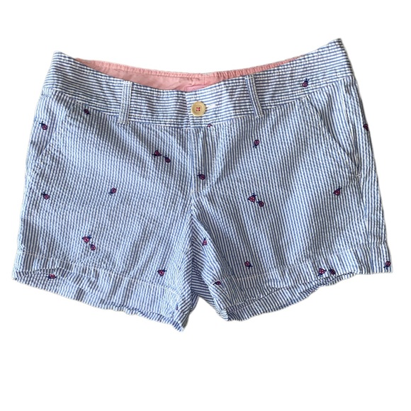 Lilly Pulitzer Seersucker Blue & White Striped Ladybug Embroidered Shorts - 6 - Picture 2 of 12